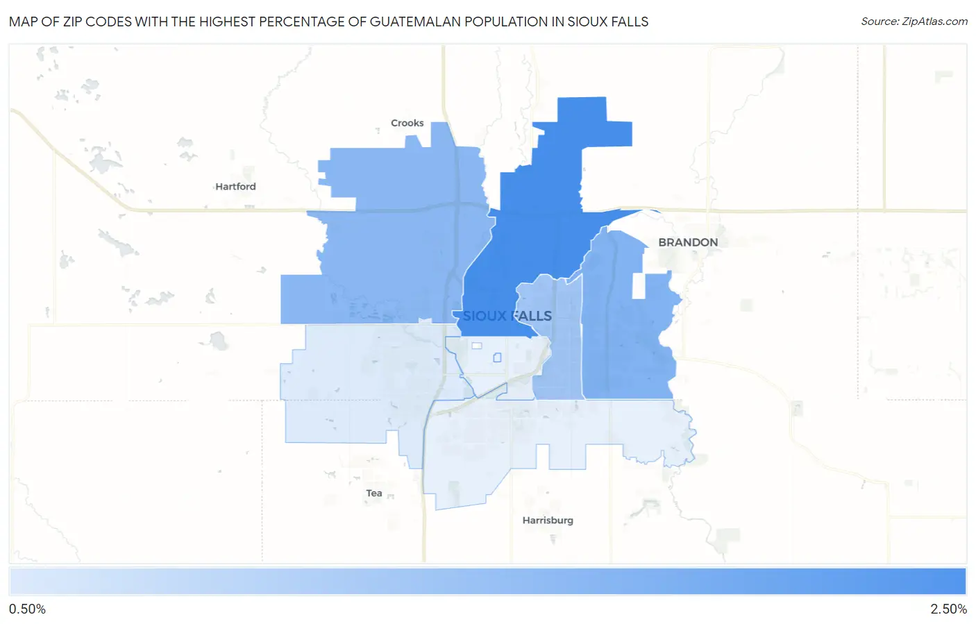 Zip Codes with the Highest Percentage of Guatemalan Population in Sioux Falls Map