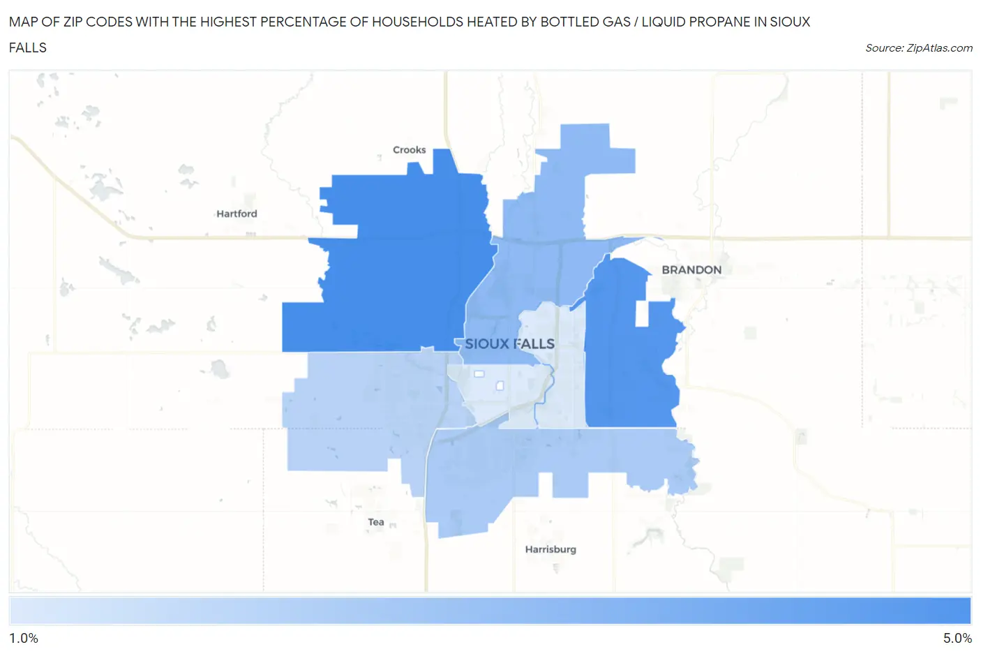 Zip Codes with the Highest Percentage of Households Heated by Bottled Gas / Liquid Propane in Sioux Falls Map
