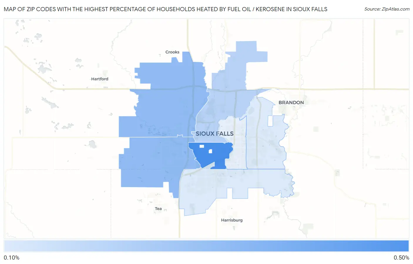Zip Codes with the Highest Percentage of Households Heated by Fuel Oil / Kerosene in Sioux Falls Map