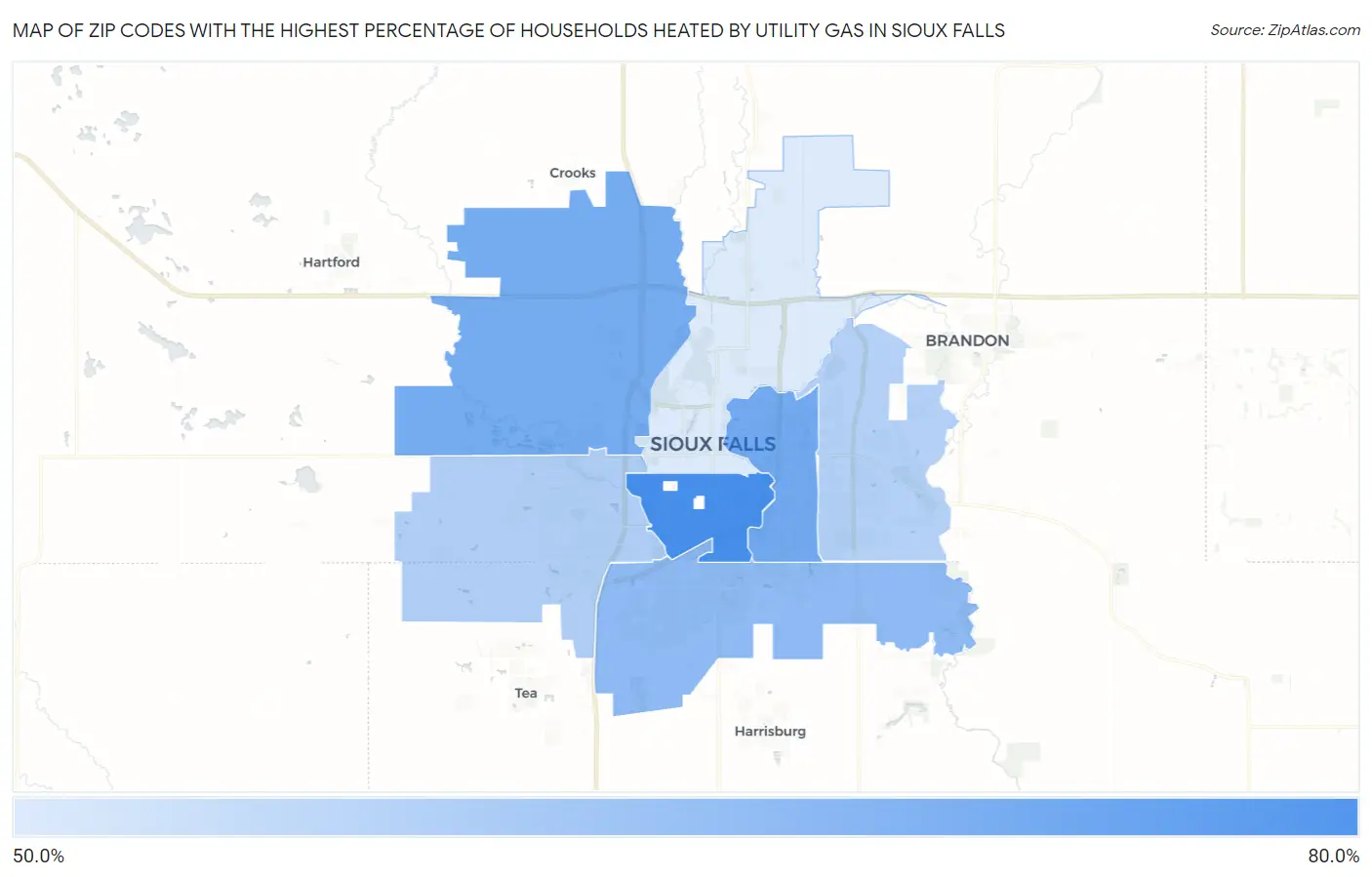 Zip Codes with the Highest Percentage of Households Heated by Utility Gas in Sioux Falls Map