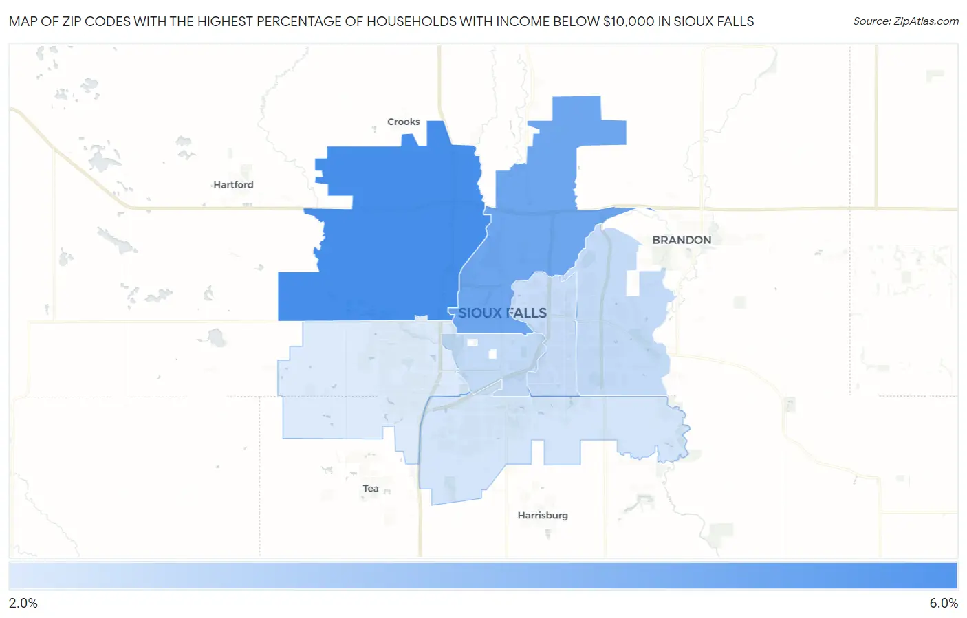 Zip Codes with the Highest Percentage of Households with Income Below $10,000 in Sioux Falls Map