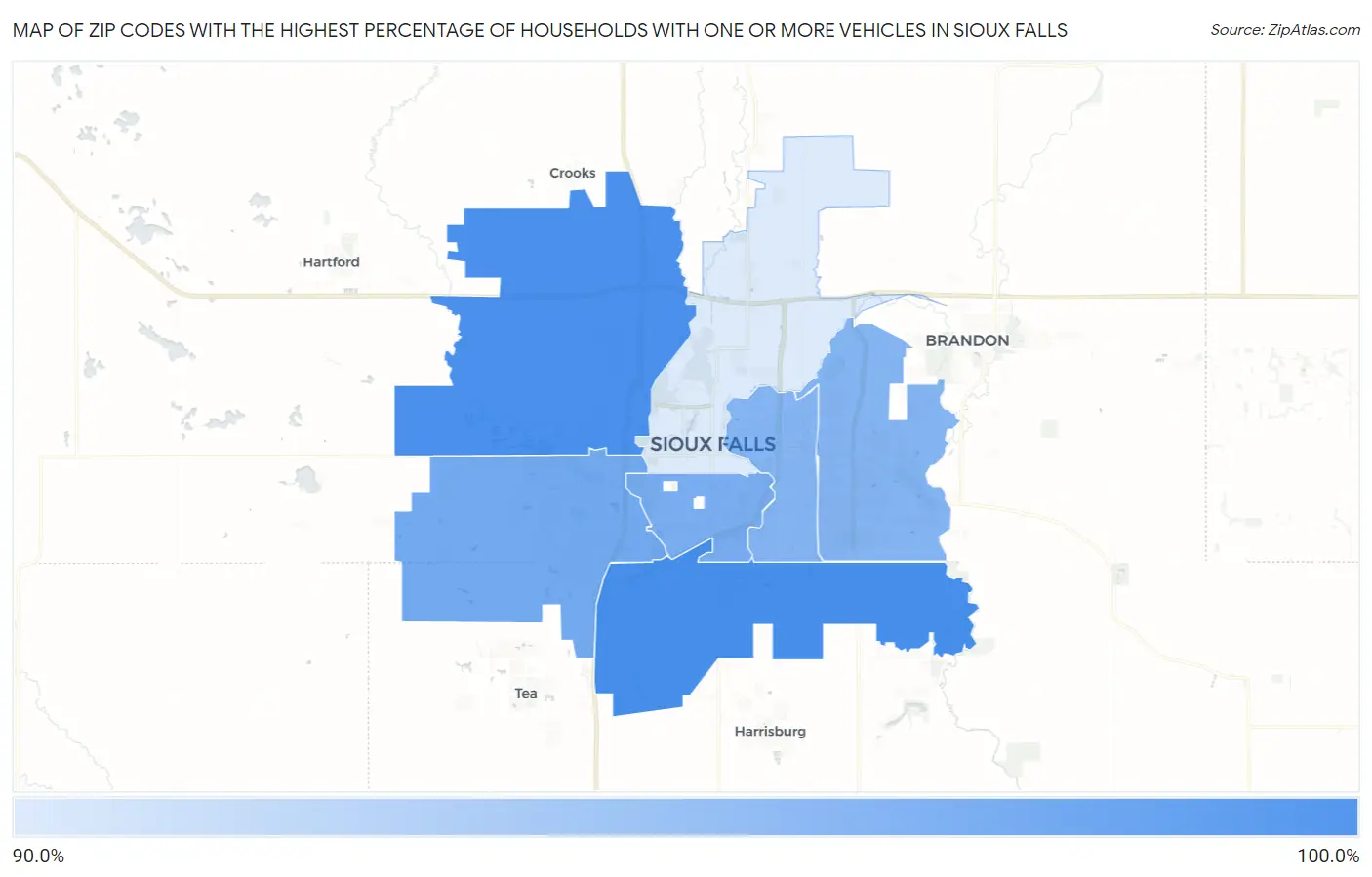 Zip Codes with the Highest Percentage of Households With One or more Vehicles in Sioux Falls Map