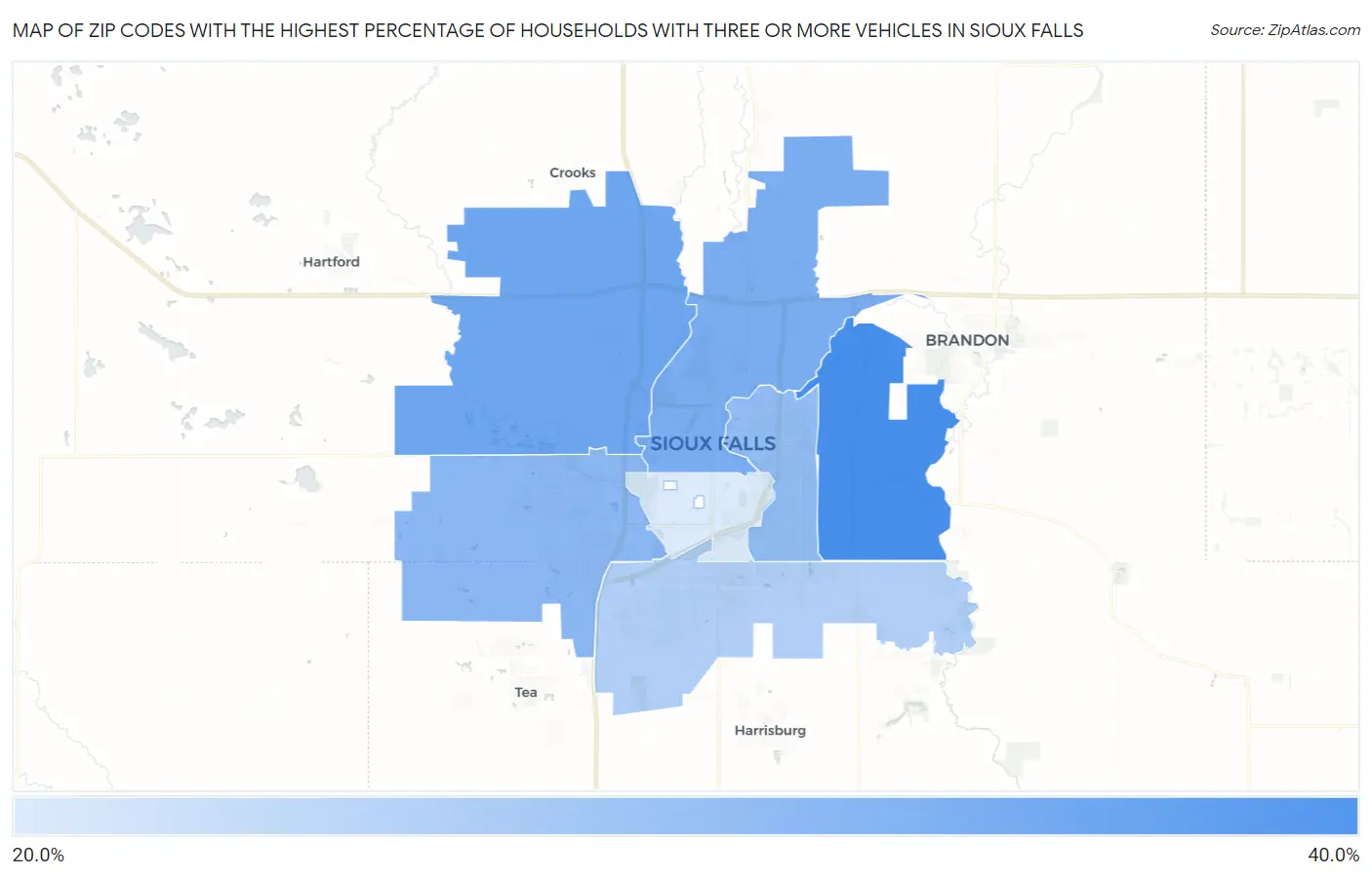 Zip Codes with the Highest Percentage of Households With Three or more Vehicles in Sioux Falls Map
