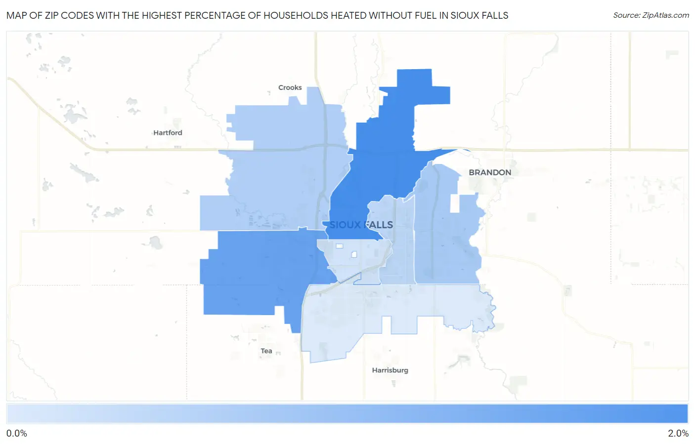 Zip Codes with the Highest Percentage of Households Heated without Fuel in Sioux Falls Map