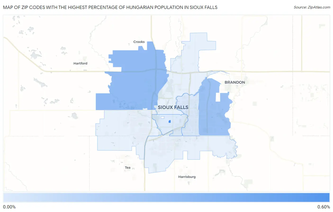 Zip Codes with the Highest Percentage of Hungarian Population in Sioux Falls Map