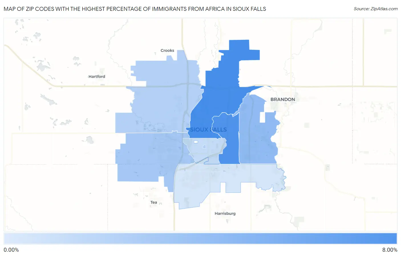 Zip Codes with the Highest Percentage of Immigrants from Africa in Sioux Falls Map