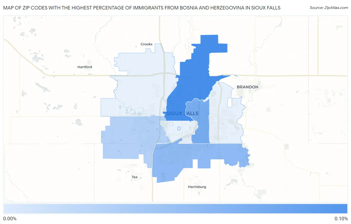 Zip Codes with the Highest Percentage of Immigrants from Bosnia and Herzegovina in Sioux Falls Map