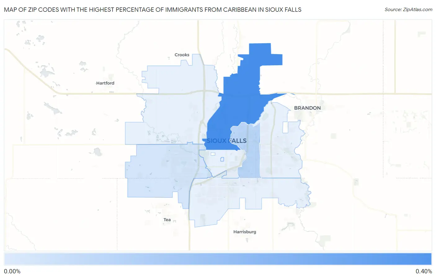 Zip Codes with the Highest Percentage of Immigrants from Caribbean in Sioux Falls Map