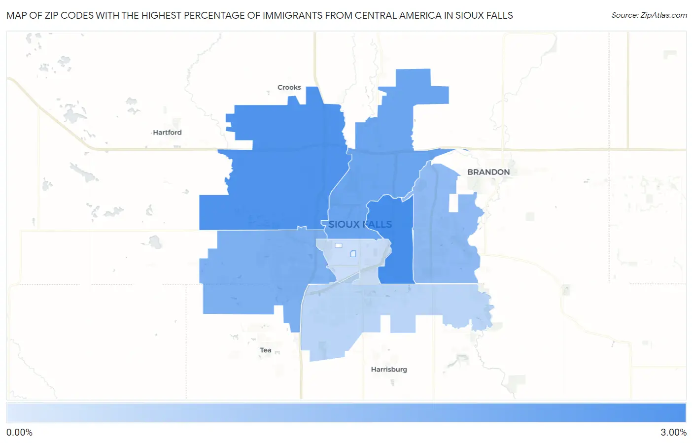 Zip Codes with the Highest Percentage of Immigrants from Central America in Sioux Falls Map