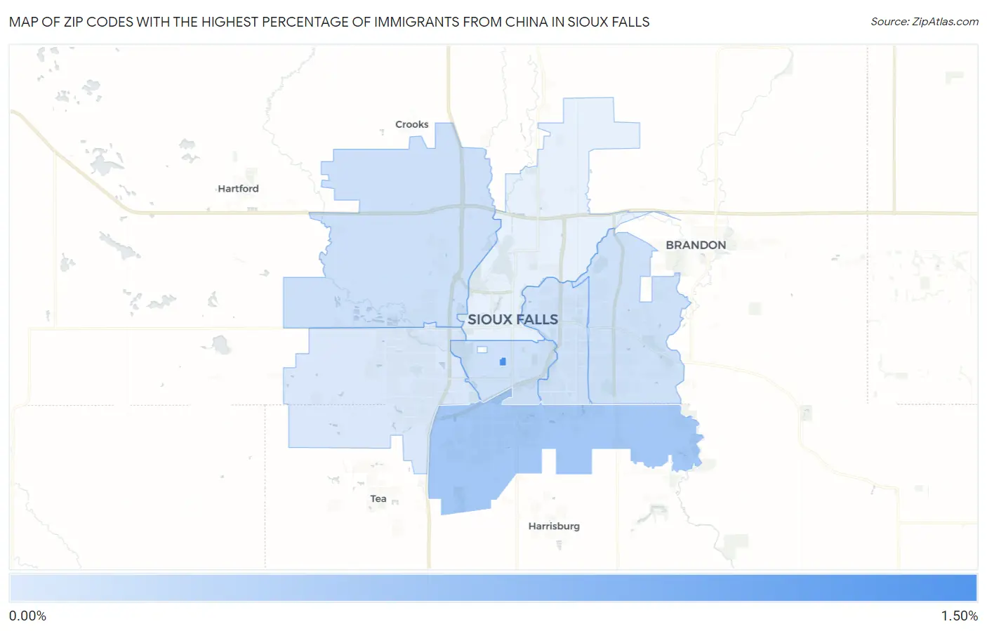 Zip Codes with the Highest Percentage of Immigrants from China in Sioux Falls Map