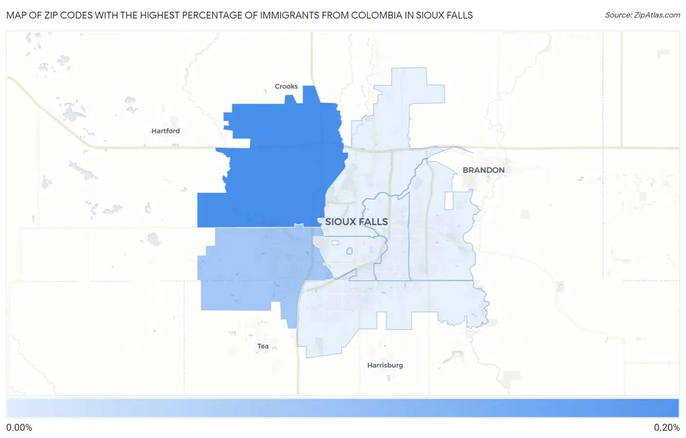 Zip Codes with the Highest Percentage of Immigrants from Colombia in Sioux Falls Map