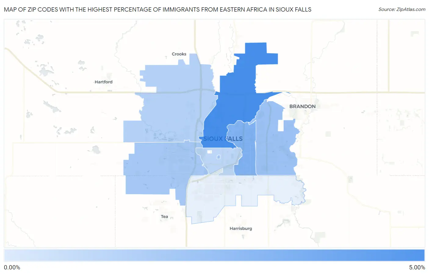 Zip Codes with the Highest Percentage of Immigrants from Eastern Africa in Sioux Falls Map