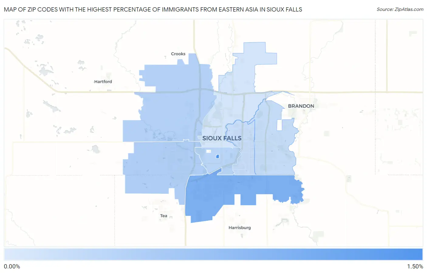 Zip Codes with the Highest Percentage of Immigrants from Eastern Asia in Sioux Falls Map