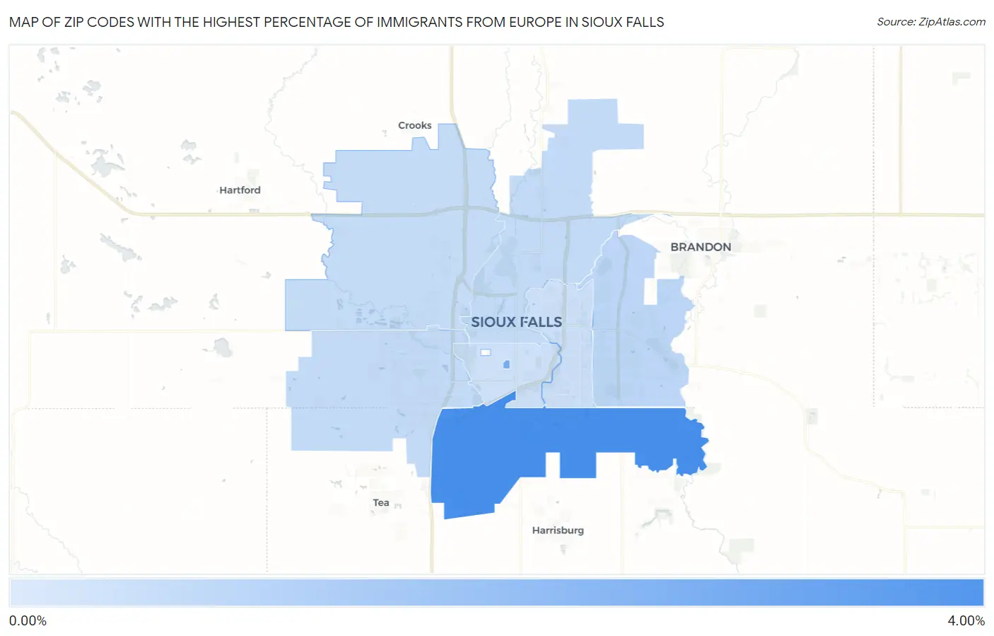 Zip Codes with the Highest Percentage of Immigrants from Europe in Sioux Falls Map