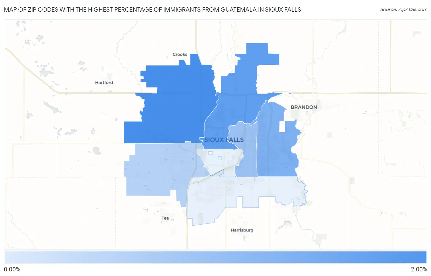 Zip Codes with the Highest Percentage of Immigrants from Guatemala in Sioux Falls Map