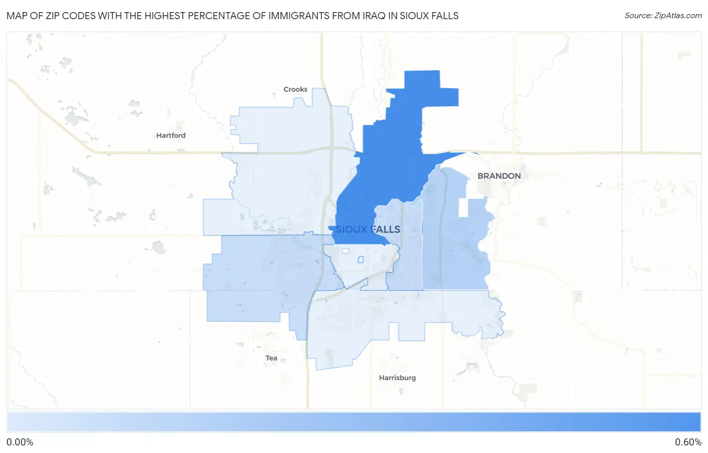 Zip Codes with the Highest Percentage of Immigrants from Iraq in Sioux Falls Map