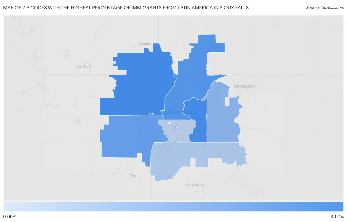 Zip Codes with the Highest Percentage of Immigrants from Latin America in Sioux Falls Map