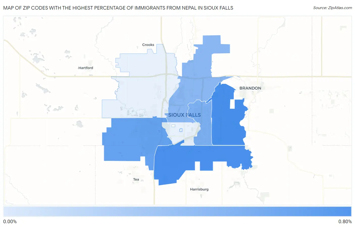 Zip Codes with the Highest Percentage of Immigrants from Nepal in Sioux Falls Map