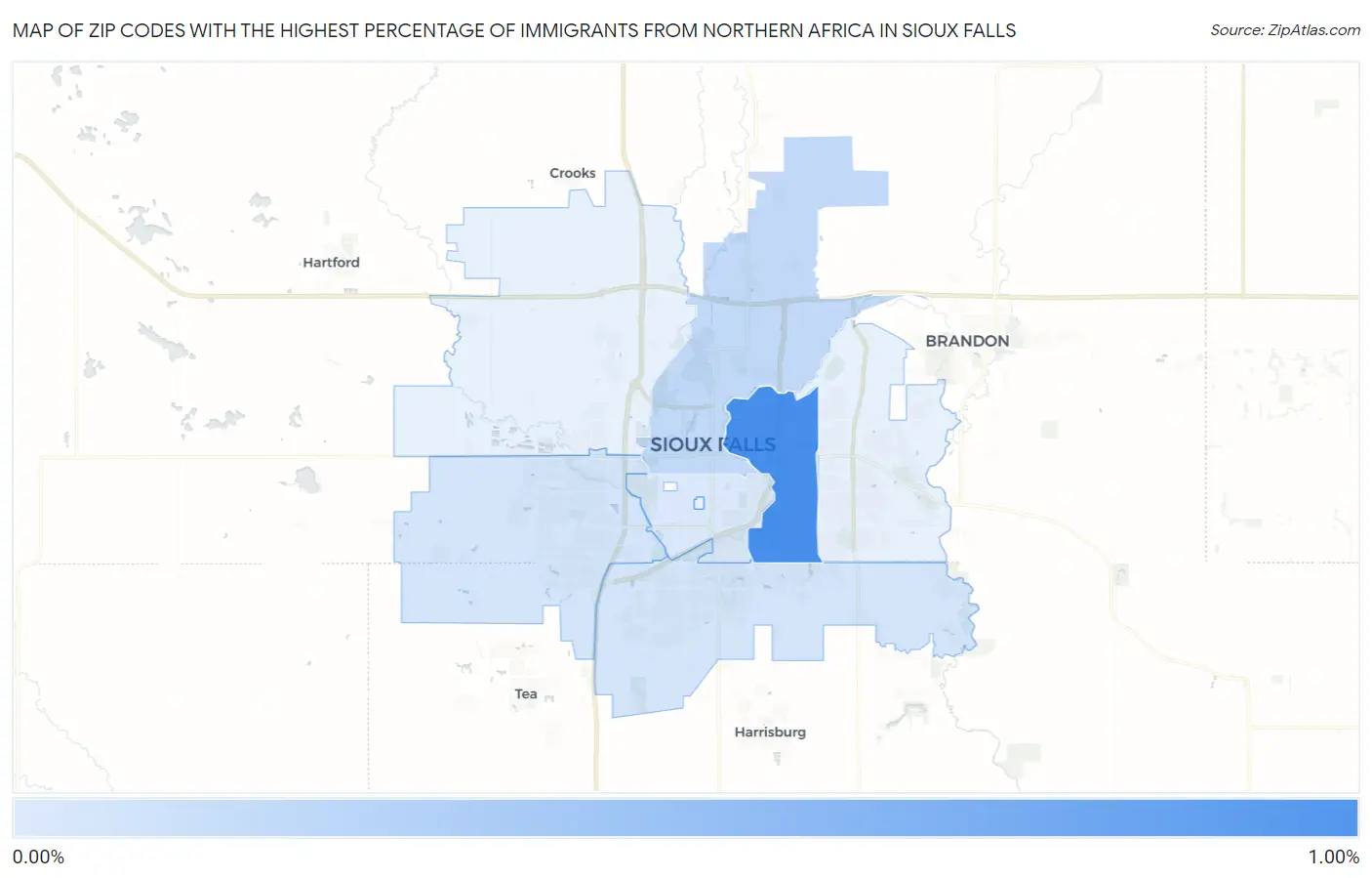 Zip Codes with the Highest Percentage of Immigrants from Northern Africa in Sioux Falls Map