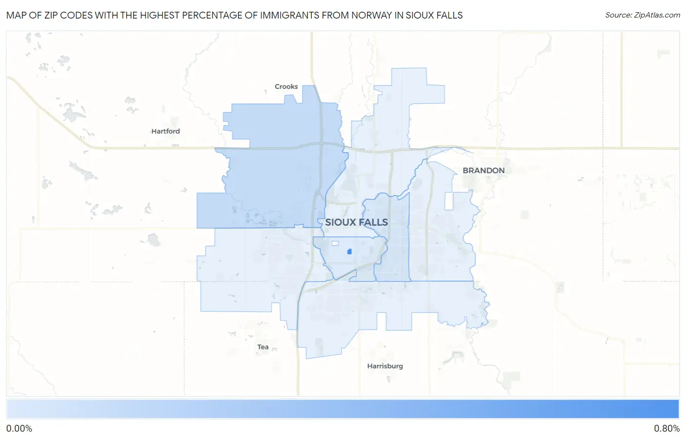 Zip Codes with the Highest Percentage of Immigrants from Norway in Sioux Falls Map