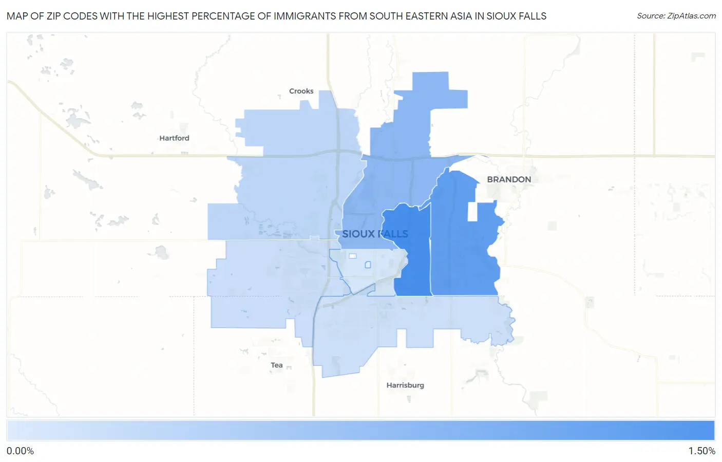 Zip Codes with the Highest Percentage of Immigrants from South Eastern Asia in Sioux Falls Map