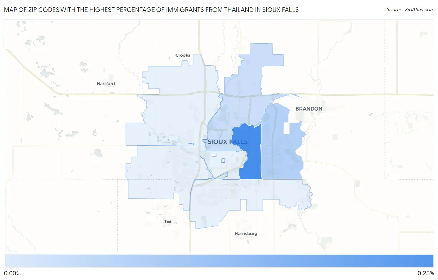 Zip Codes with the Highest Percentage of Immigrants from Thailand in Sioux Falls Map