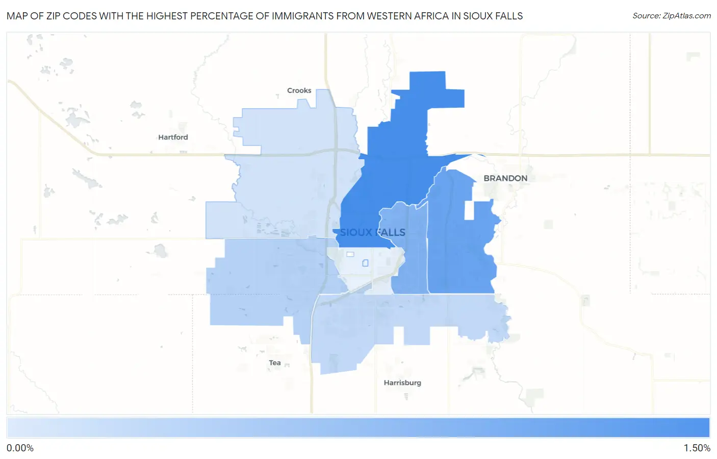 Zip Codes with the Highest Percentage of Immigrants from Western Africa in Sioux Falls Map