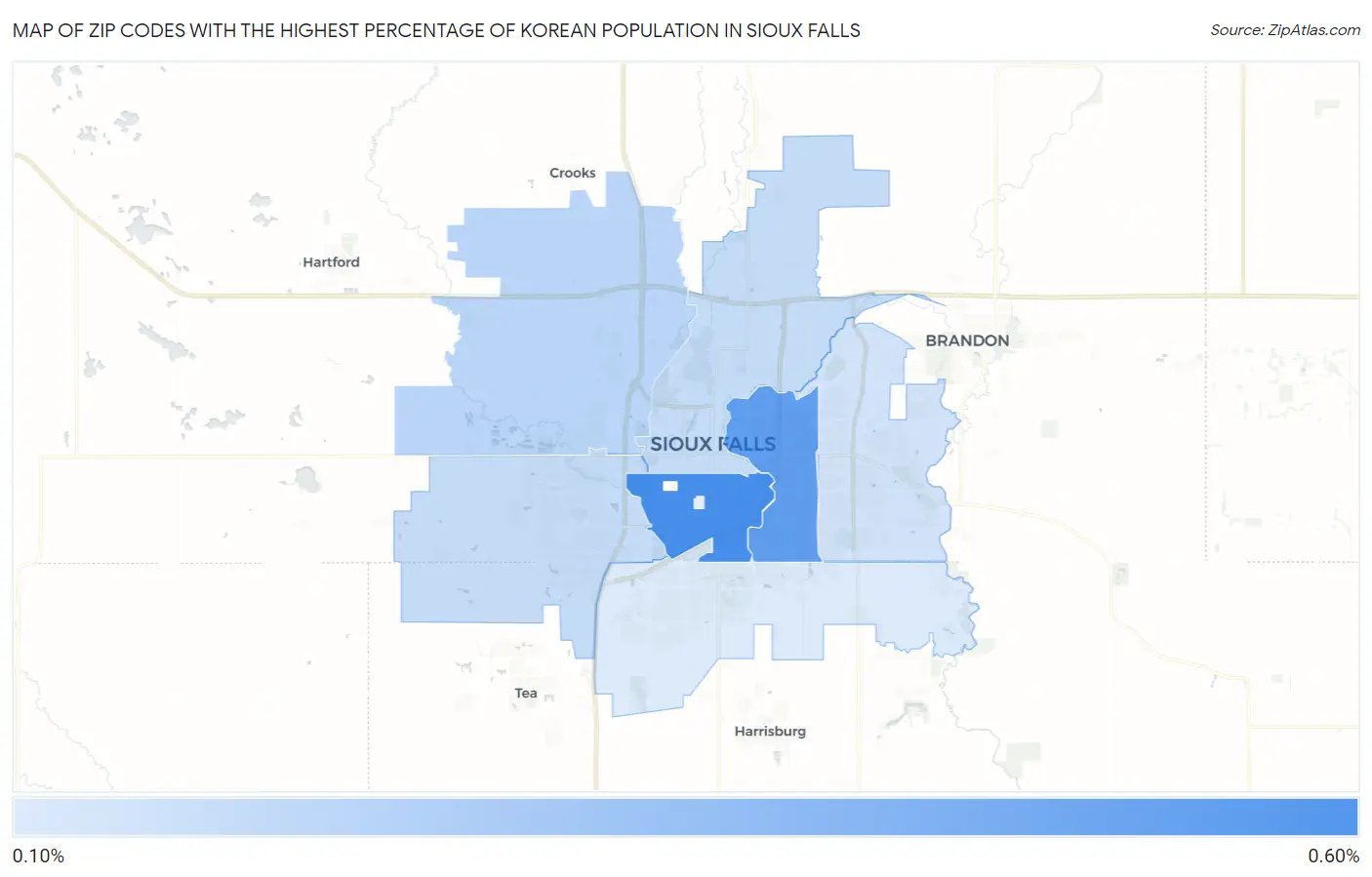 Zip Codes with the Highest Percentage of Korean Population in Sioux Falls Map