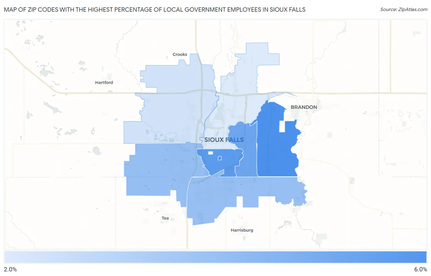 Zip Codes with the Highest Percentage of Local Government Employees in Sioux Falls Map