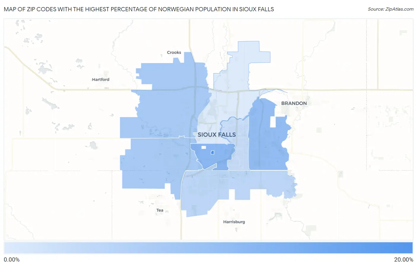 Zip Codes with the Highest Percentage of Norwegian Population in Sioux Falls Map