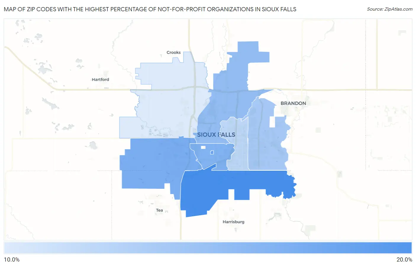 Zip Codes with the Highest Percentage of Not-for-profit Organizations in Sioux Falls Map