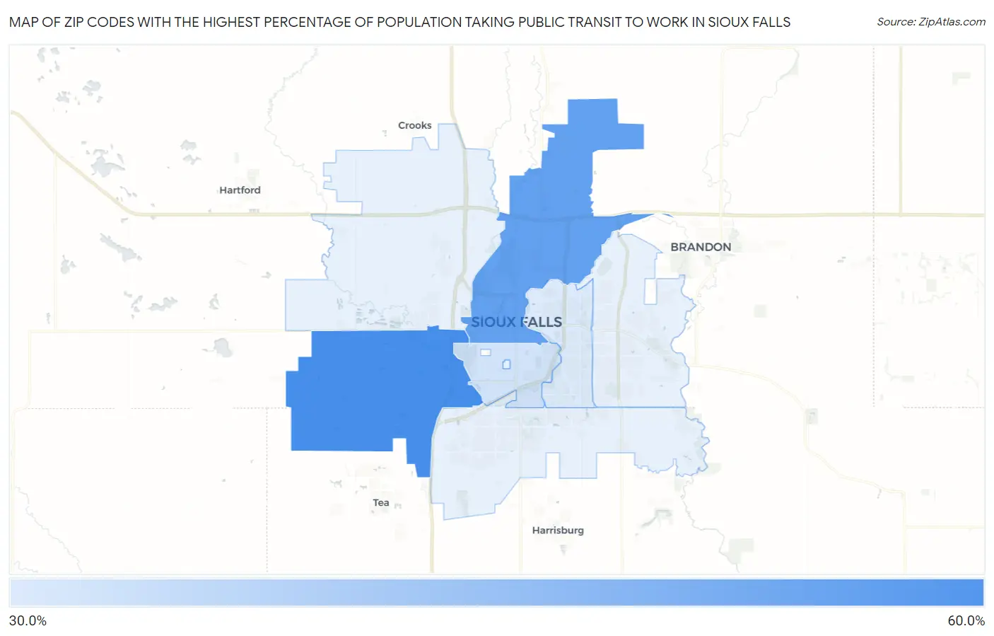 Zip Codes with the Highest Percentage of Population Taking Public Transit to Work in Sioux Falls Map