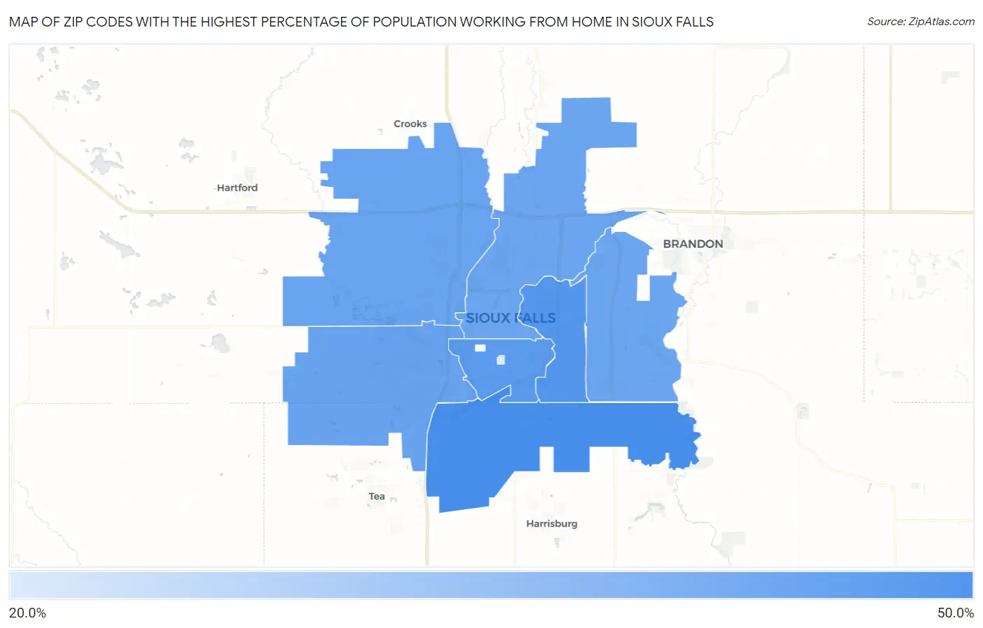 Zip Codes with the Highest Percentage of Population Working from Home in Sioux Falls Map