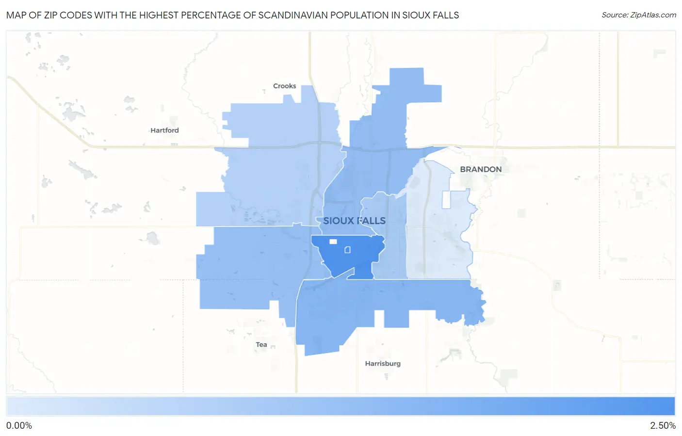 Zip Codes with the Highest Percentage of Scandinavian Population in Sioux Falls Map