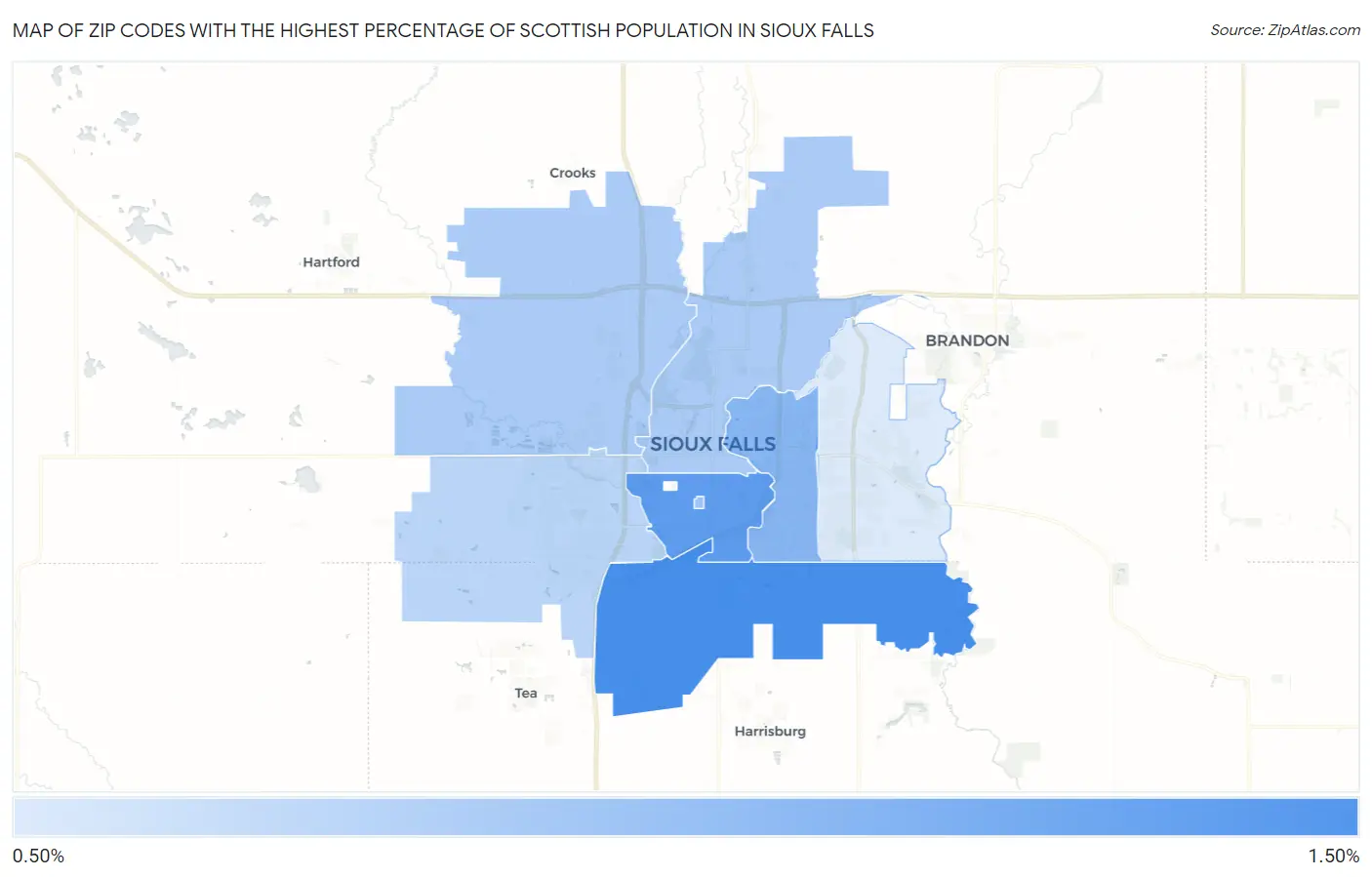 Zip Codes with the Highest Percentage of Scottish Population in Sioux Falls Map