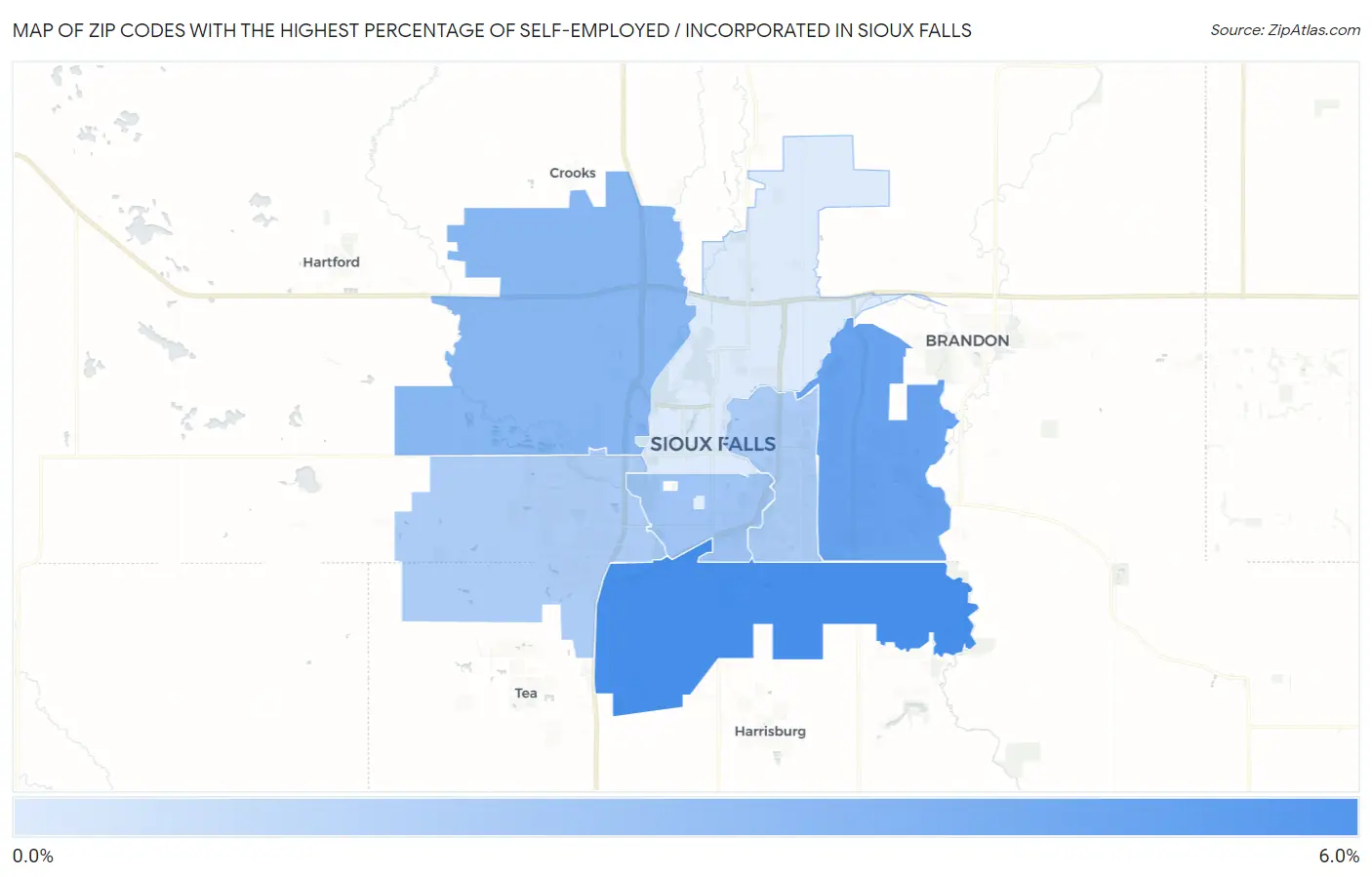 Zip Codes with the Highest Percentage of Self-Employed / Incorporated in Sioux Falls Map