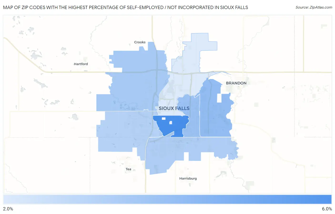Zip Codes with the Highest Percentage of Self-Employed / Not Incorporated in Sioux Falls Map