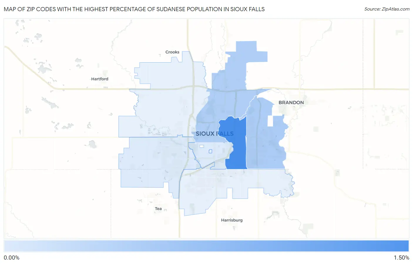 Zip Codes with the Highest Percentage of Sudanese Population in Sioux Falls Map