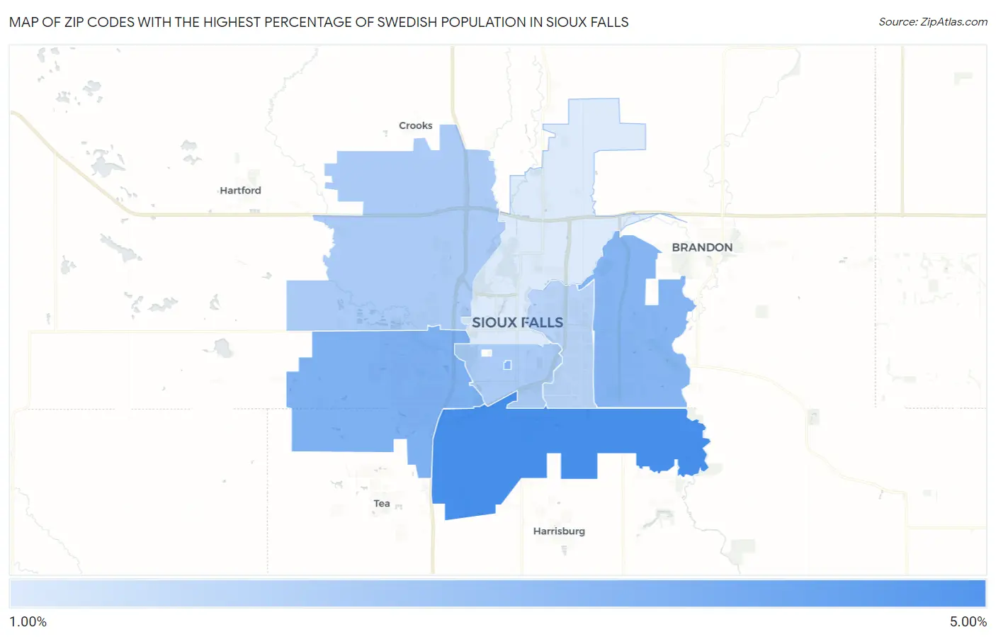 Zip Codes with the Highest Percentage of Swedish Population in Sioux Falls Map