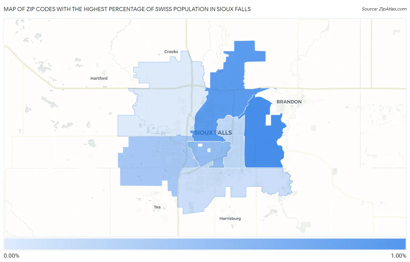 Zip Codes with the Highest Percentage of Swiss Population in Sioux Falls Map