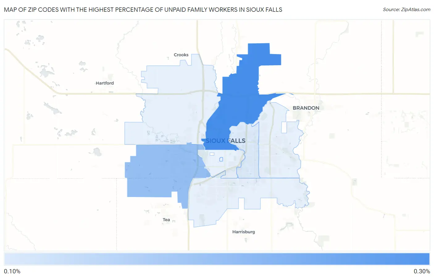 Zip Codes with the Highest Percentage of Unpaid Family Workers in Sioux Falls Map