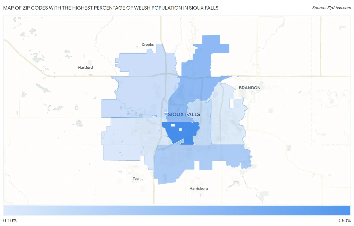 Zip Codes with the Highest Percentage of Welsh Population in Sioux Falls Map