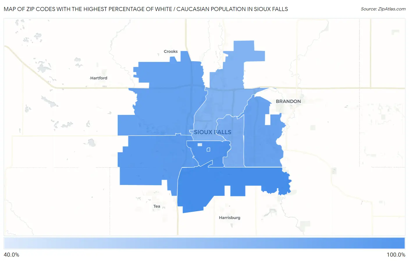 Zip Codes with the Highest Percentage of White / Caucasian Population in Sioux Falls Map