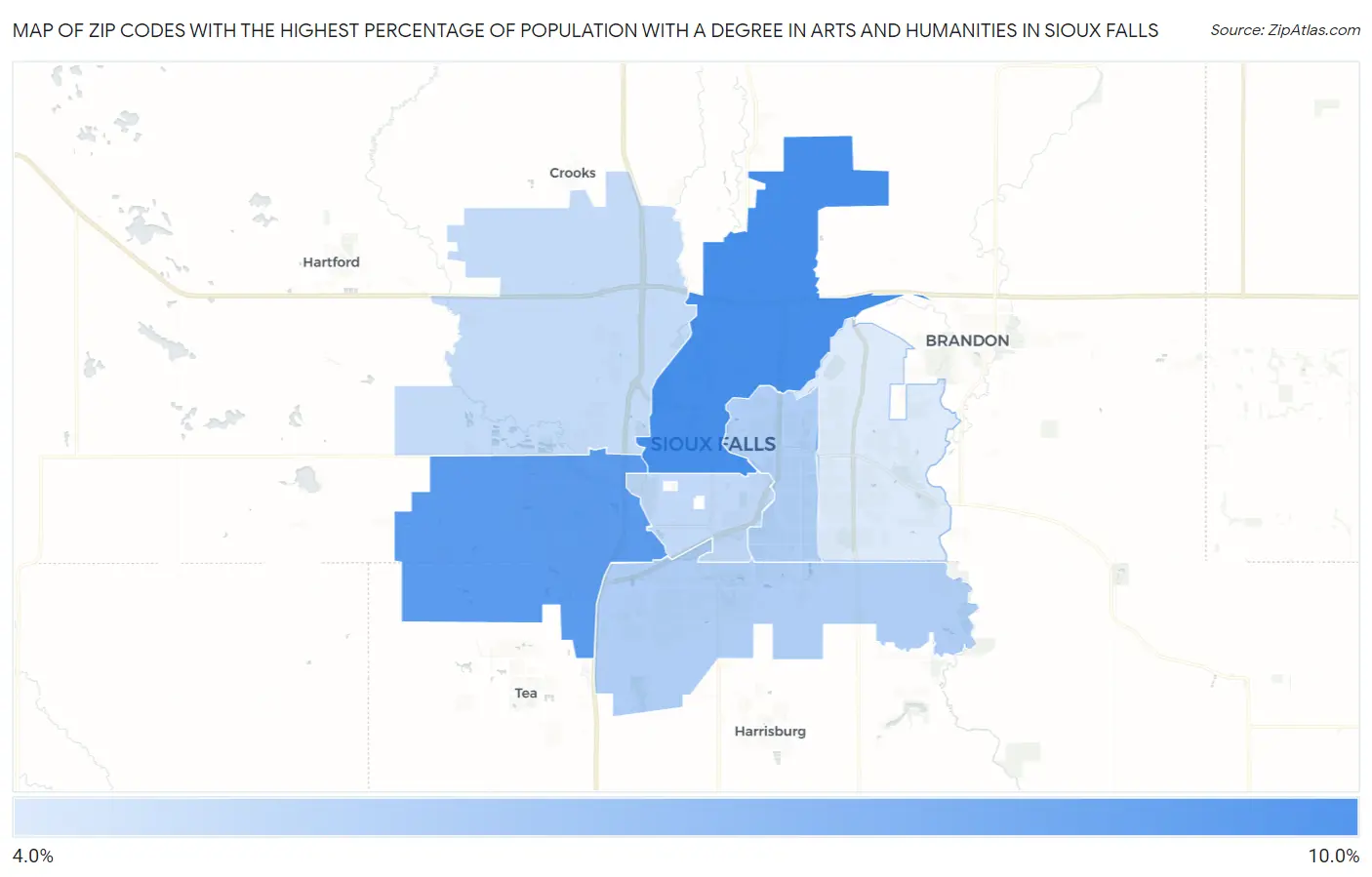 Zip Codes with the Highest Percentage of Population with a Degree in Arts and Humanities in Sioux Falls Map