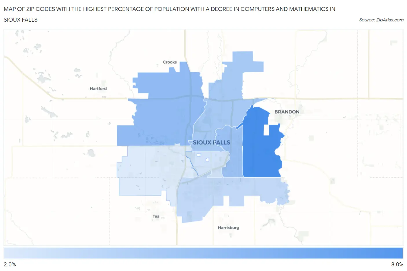 Zip Codes with the Highest Percentage of Population with a Degree in Computers and Mathematics in Sioux Falls Map