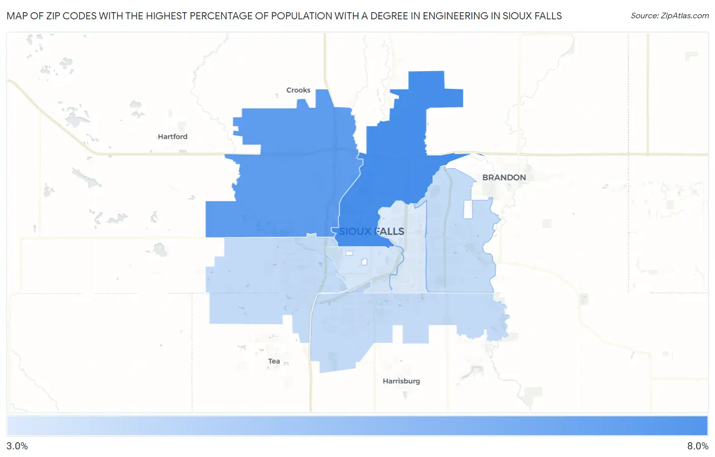 Zip Codes with the Highest Percentage of Population with a Degree in Engineering in Sioux Falls Map