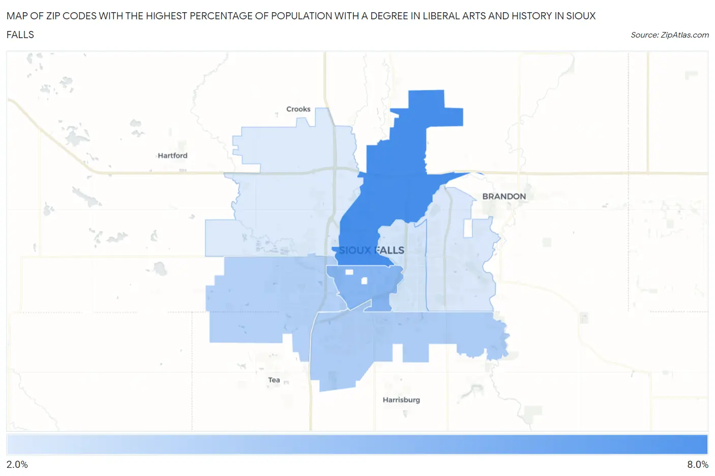 Zip Codes with the Highest Percentage of Population with a Degree in Liberal Arts and History in Sioux Falls Map