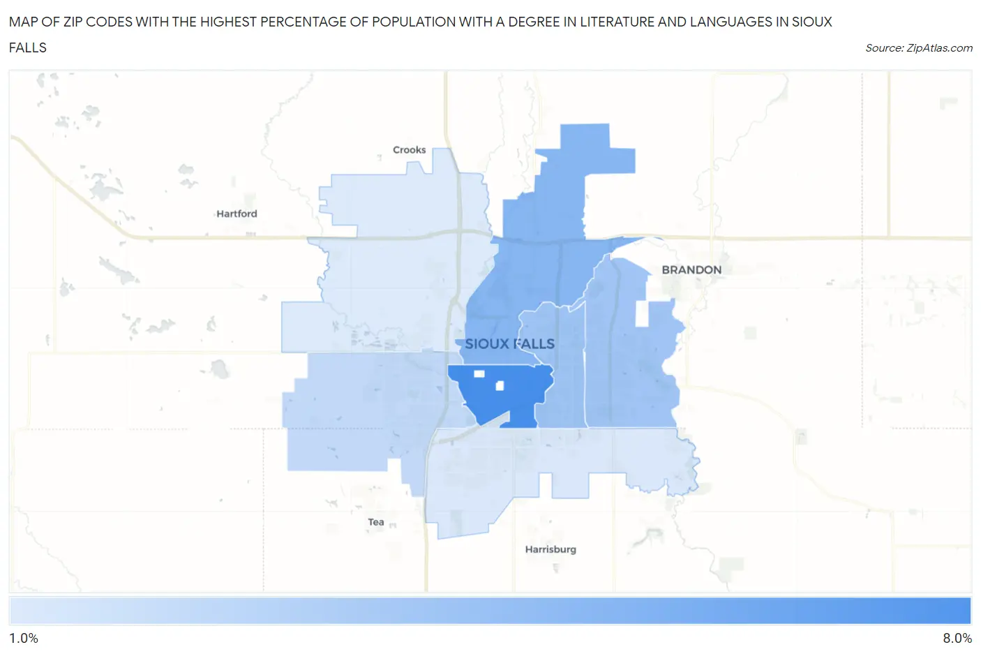 Zip Codes with the Highest Percentage of Population with a Degree in Literature and Languages in Sioux Falls Map