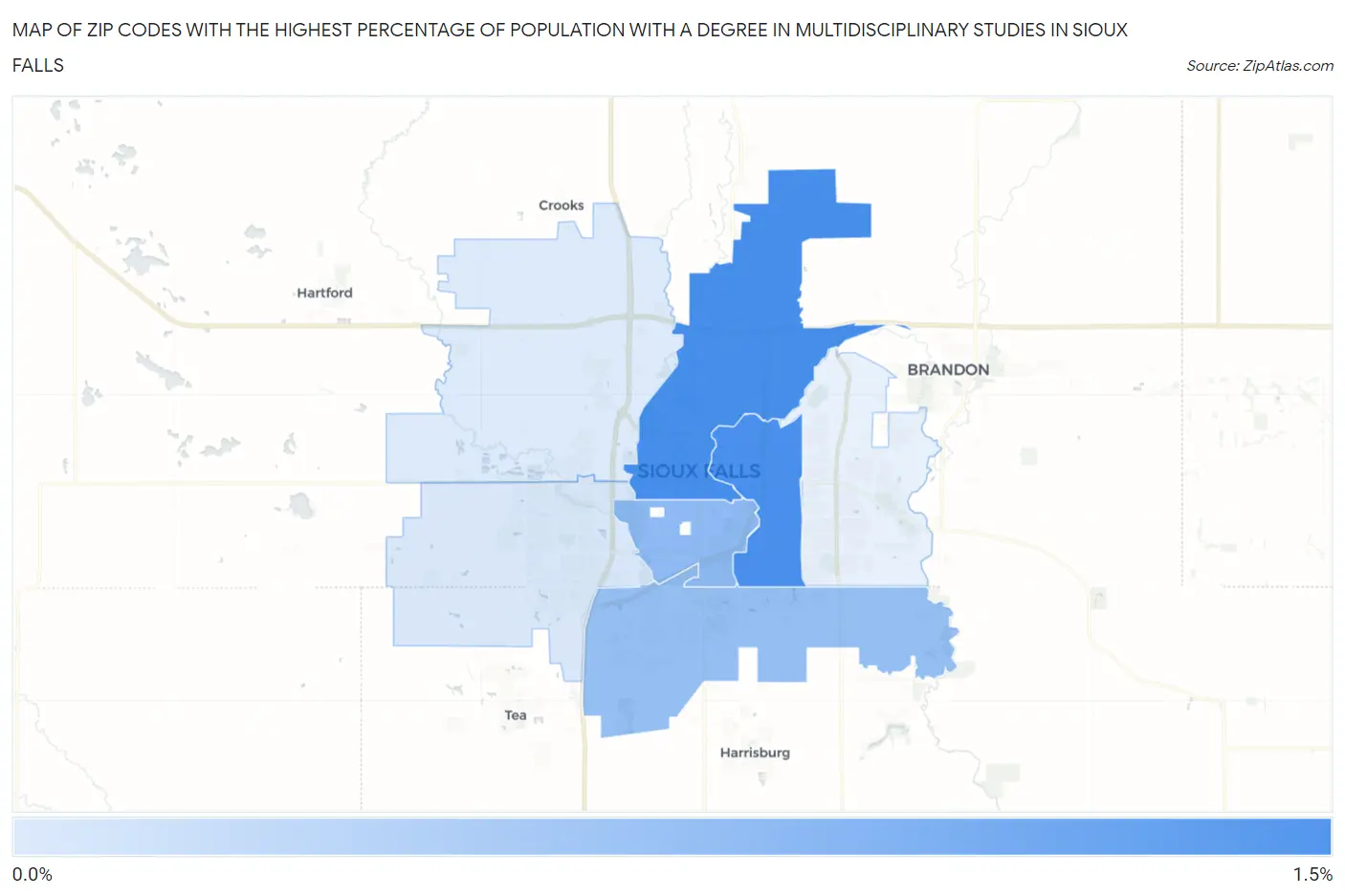 Zip Codes with the Highest Percentage of Population with a Degree in Multidisciplinary Studies in Sioux Falls Map
