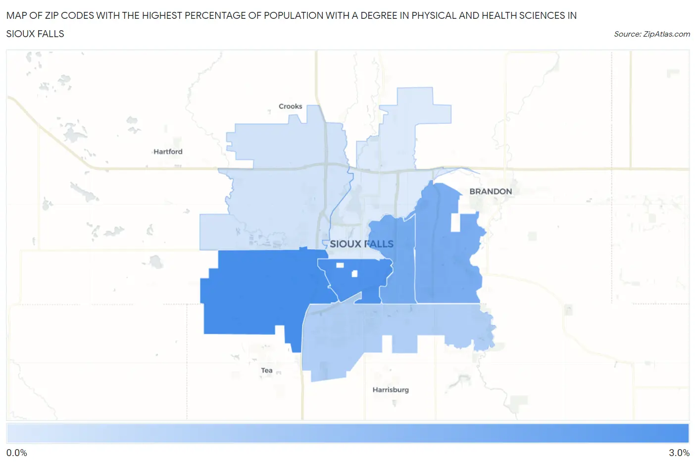 Zip Codes with the Highest Percentage of Population with a Degree in Physical and Health Sciences in Sioux Falls Map